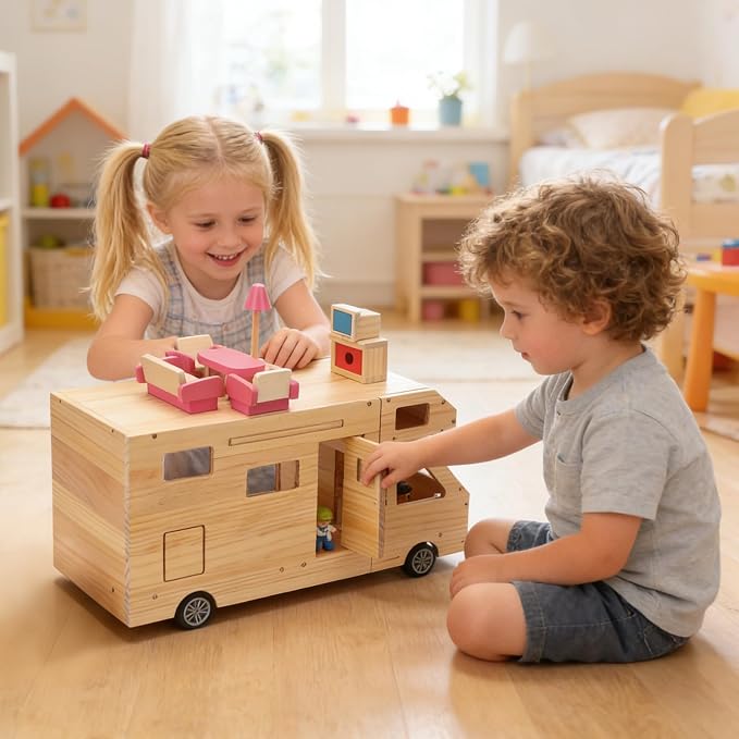 RV Camper Dollhouse for Kids, Wooden Rolling Motorhome with Full Furniture Set, Travel Doll House Toy with Miniature Rooms for Boys & Girls, Pretend Play Adventure Home