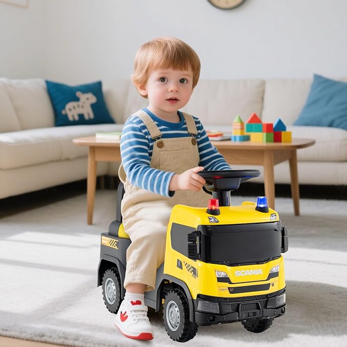 Costzon Ride On Push Car, Licensed Scania Construction Vehicle for Toddlers with Horn, Music, Lights, Under Seat Storage, Foot-to-Floor Sliding Car, Kids Ride On Toys for Boys Girls 18+ Months