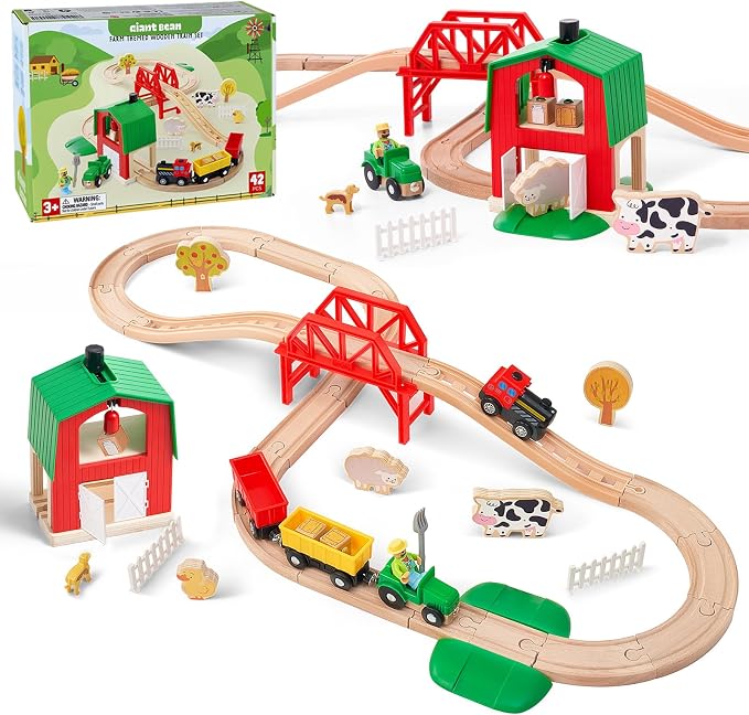 Giant bean 42PCS Wooden Farm Train Set for Toddler, Battery Operated Train Railway Track with Bridge, Barn, Animals,Tractor Cargo, Compatible with Most Brand, for Kids Boys Girls Age 3-8