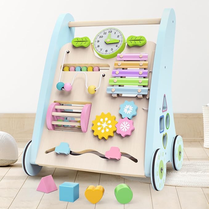 Wooden Baby Walker,Adjustable Speed Push Walker with Wheels and Learning Activity Center,Montessori Walker for Babies 12 Months,Baby Walker Push Toys for Baby Boys and Girls Gifts (Blue)