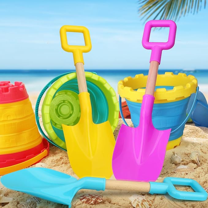 Umnodobn Beach Sand Toys 16" Shovels for Kids Adults, 16 Inch Spade Scoop Gardening Tools, Sandbox Kit Wood Handle Spade for Garden Outdoor Snow Backyard Summer 3 Gift Pack Pink Yellow Blue
