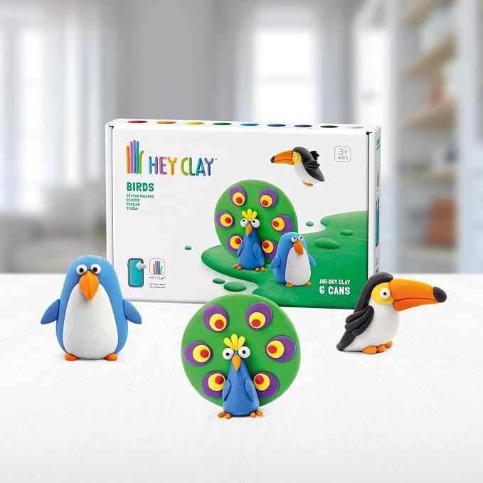 HEY CLAY Colorful Modeling Air Dry Clay for Kids 6 cans with Fun Interactive Instructions App - Kids Activities Age 3+ (Birds: Toucan, Penguin, Peacock)