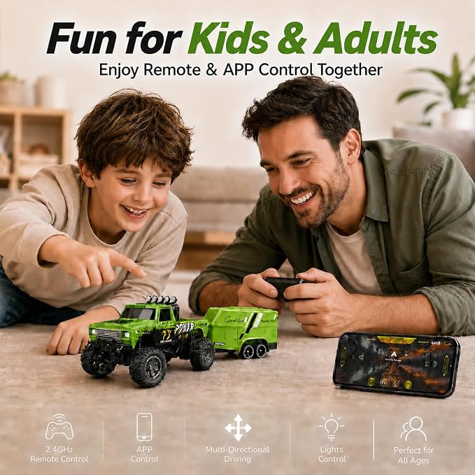 1:64 Scale Mini Remote Control Monster Truck with Trailer | 2.4GHz & App Dual Control, Alloy Mini RC Car with LED Lights, Portable Pocket Toy Car for Kids & Adults, Gift for Boys (Green)