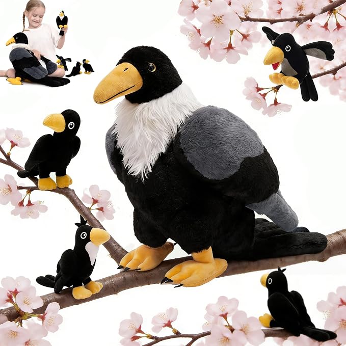 MorisMos Crow Raven Stuffed Animals, 26'' Mommy Raven Plush with 4 Baby Crow Plush Toys for Kid Girl Boy Bird Lover Christmas Birthday Gift, Realistic Black Bird Decor for Halloween Easter Baby Shower
