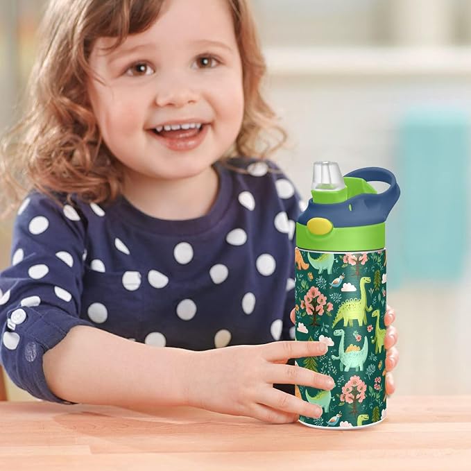 Boccsty Funny Dinosaur Kids Water Bottle with Straw Lid Animal Tropical Leaves Dino Insulated Stainless Steel Reusable Tumbler for Boys Girls Toddlers 12 oz Green