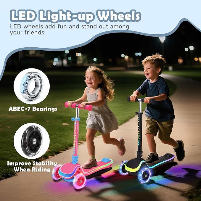 Kids Scooter with Seat, 2 in 1 Kick Toddler Scooter with LED Light-Up Wheels and Light up Deck, 4 Adjustable Heights, Lean to Steer, 3 Wheels Scooter Suitable for Boys & Girls Ages 2-8 Years