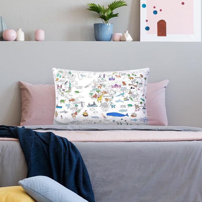 Mindsoft Coloring Craft Coloring Pillowcase World Map Pillowcase with 12 Pcs Markers Pens for Decoration Supplies Craft, 28.7 x 19.7 Inch