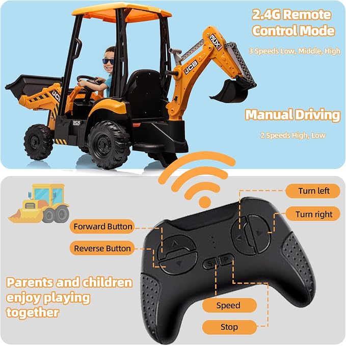 12V JCB Ride On Excavator with Remote Control, Kids Ride On Car 3–8, Front Loader & Backhoe Digging Arm, Tractor & Bulldozer Modes, Slow Start, Adjustable Speeds, Engine Start Sound (Yellow)