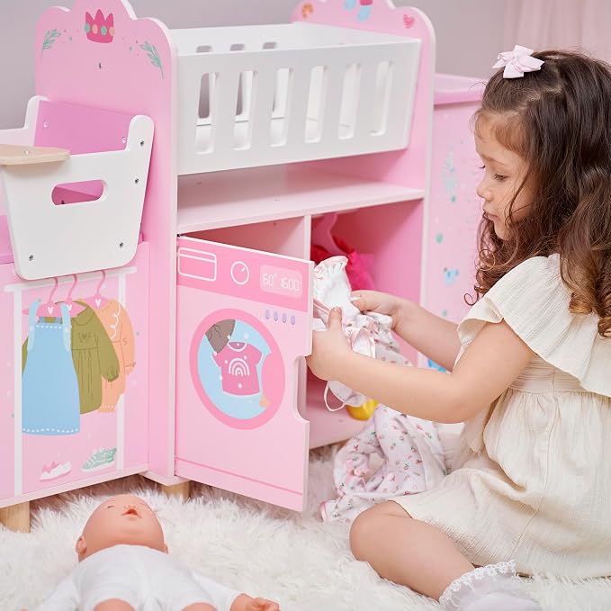 Olivia's Little World Amanda 6-in-1 Wooden Doll Nursery Station, Pink/Multi | Rocking Cradle, High Chair, Storage, Washing Machine and Sink, For 3 yrs and up