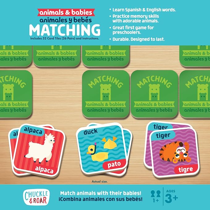 Chuckle & Roar Animals & Babies Memory Game - 52 Tiles, Bilingual, Ages 3+ - Parent & Baby Animal Matching - Preschool Games for Focus - Travel Toys for Toddlers 3-5