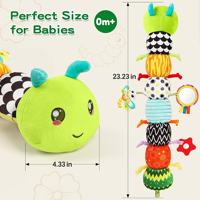 Baby Toys Musical Caterpillar for 0-12 Months, Infant Stuffed Animal with Mirror, Crinkle & Rattle, Tummy Time Toy for Newborn 3 6 9 12 18 Months, Baby Shower Gifts for Boys and Girls