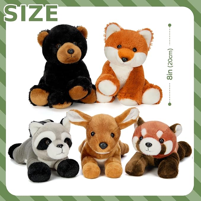 MaoGoLan 5 Pcs Soft Woodland Stuffed Animals Bulk Plush Toys for Girls Kids, 8'' Grizzly Bear Deer Fox Raccoon Red Panda Forest Animal Plushies Set Theme Party Favors Decorations Gifts Christmas