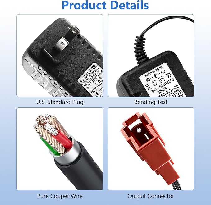 6V Battery Charger for Ride On Toys Car, Compatible with BMX X6, Kid TRAX GMC, Wal-Mart, Moto ATV Quad, Electric Vehicle Power Adapter with Square Plug