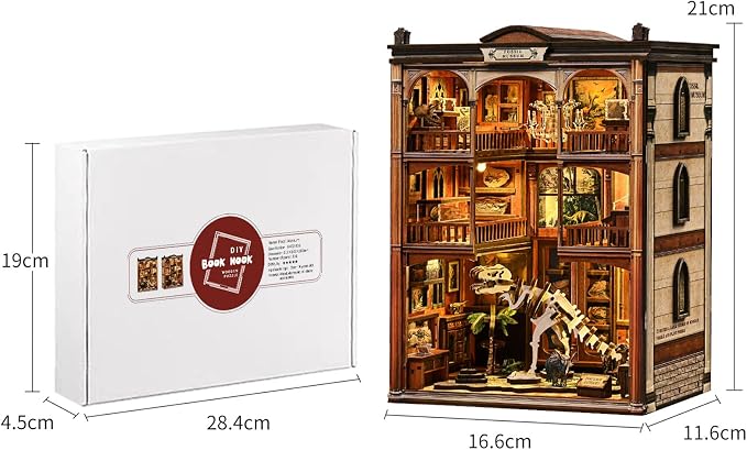 DIY Book Nook,with LED Light Bookshelf Decor, DIY 3D Wooden Dollhouse Puzzle, Craft Kit for Adults (Fossil Museum)