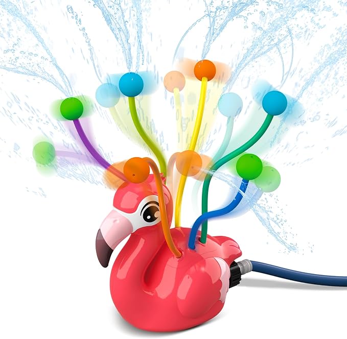 Water Sprinkler Toy for Kids, Outdoor Spinning Sprinkler with Wiggle Water Tubes, Connects to Garden Hose, Backyard Lawn Splash Toy for Summer Outdoor Play, Flamingo