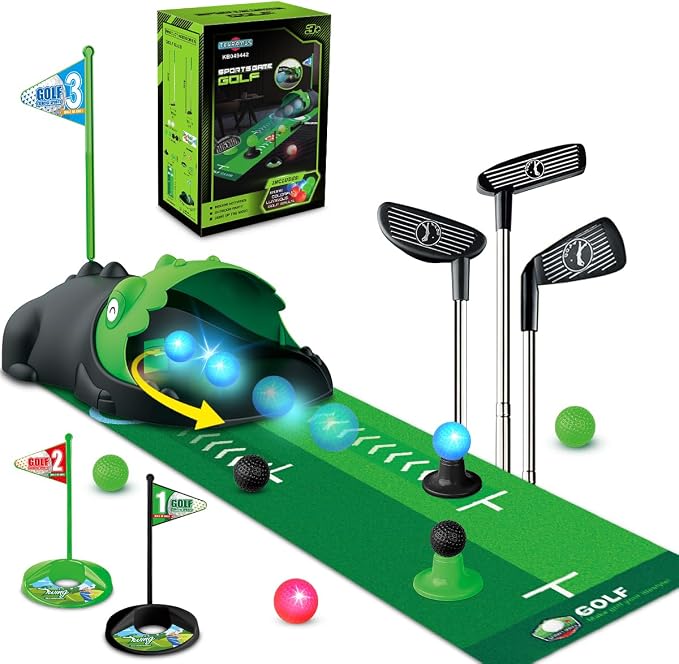 TERRAMUS Upgraded Kids Toy Golf Set with Dinosaur Automatic Golf Returner, Led Light Up Night Golf Balls, 3 Clubs, Putting Mat, 3-8 Toddler Mini Golf Games, Indoor Outdoor Sports Toys for Boys Girls