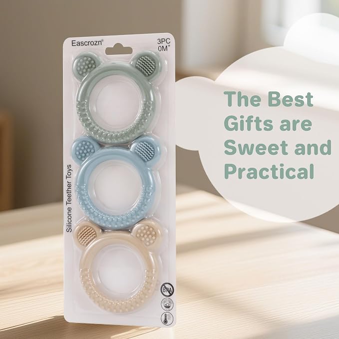 Eascrozn 3 Pack BabyTeething Toys, Teethers for Babies 3-6 6-12 Months, BPA Free Teething Relief Easy to Hold, Silicone Teether Toys for Baby Essentials