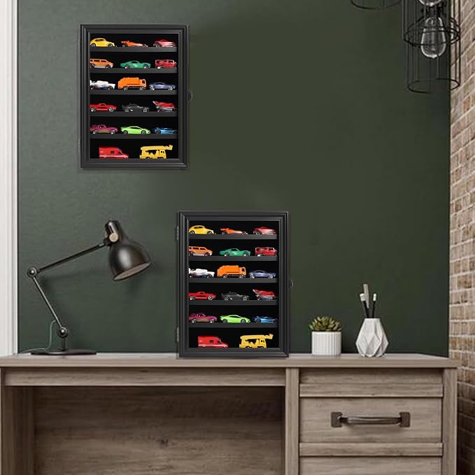 Toy Cars Display Case 1/64 Scale Diecast Car Display Case Wall Mount Model Car Display Storage Cabinet Lockable with Real Glass & Removable Shelf Rack -Black