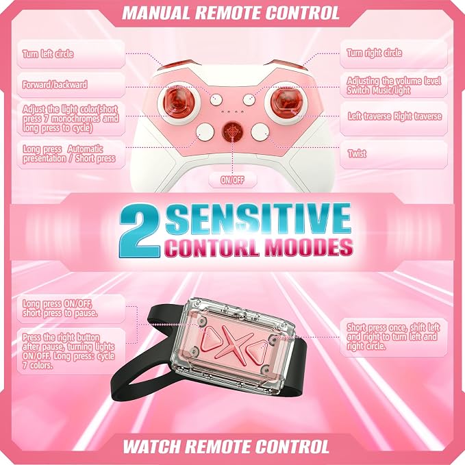 Uucoco Pink Rc Gesture Sensing Stunt Car Toys for Girls 3-12 Years Old, Drift Hand Control Remote Control Cars with Light & Music, 2.4Ghz 4WD 360°Rotation Double Side Cars Birthday Gifts for Kid