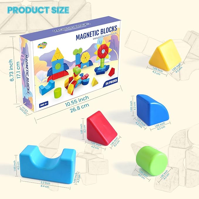 1.65 Inch Magnetic Building Blocks, 3D Shapes Large Magnetic Blocks for Kids Ages 4+, 24PCS Educational Construction Blocks for Boys and Girls