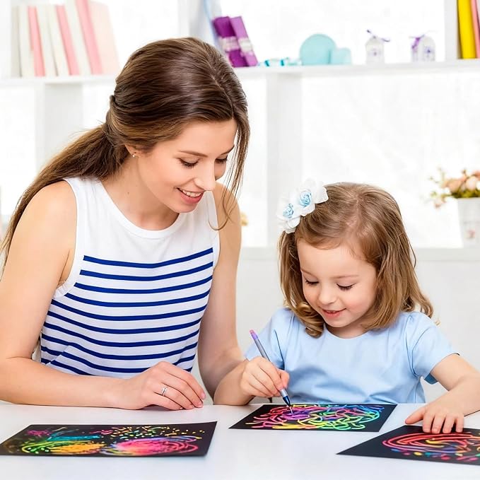 Cityrosy Scratch Art Paper Rainbow Sets for Kids 100 Pcs-Black Magic Scratch Off Craft Set Classroom Supplies Kits for Age 3-12 Kids Party Games Birthday Gifts Easter Basket Stuffers