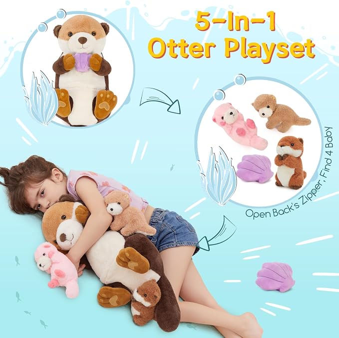 MorisMos 5Pcs Sea Otter Stuffed Animal with Babies,23.6'' Giant Mommy Stuffed Otter with 3 Babies & Plush Seashell, Boy Girl Sea Toys for Kids 3-5 Birthday Christmas Decor