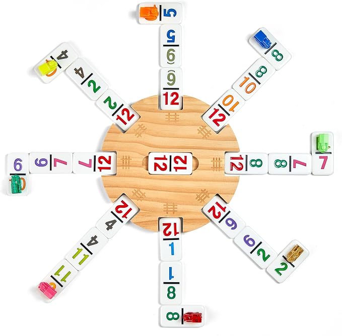 ELONGDI Mexican Train Dominoes Set with 4 Wooden Trays/Racks and Portable Carrying Case,Travel Colorful Double 12 Dominoes - 91 Numbered Tiles,for Kids and Adults