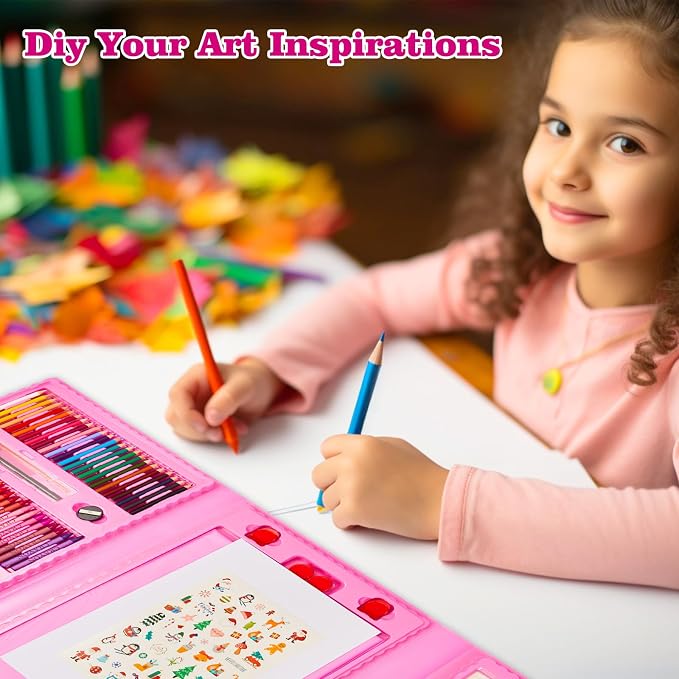 KINSPORY Art Supplies, 290 Pack Art Sets Crafts Drawing Coloring kit, Double-Side Trifold Easel, Oil Pastels, Crayons, Colored Pencils, Creative Gift for Beginners Artists Girls Boys Kids (Pink)