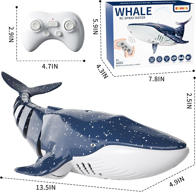 Bennol 2.4Ghz Remote Control Whale Shark Toys for Boys Kids, 1:18 Scale High Simulation Whale Shark for Pool, Electric RC Shark Fish Toys with Light & Spray Water Function for 6 7 8 9 Year olds Kid