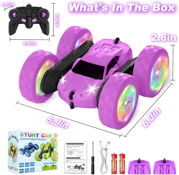 Remote Control Car, Outdoor Toys RC Cars for Kids Ages 6-12, 4WD Double Sided Stunt Vehicle with Upgraded USB-C Modular Batteries, 5 6 7 8 9 10+ Year Old Boy Birthday Purple