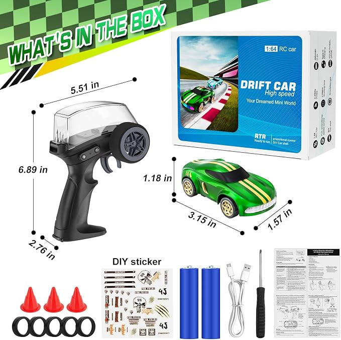 RC Drift Car, 1/64 Mini Drift RC Cars 4WD Micro Remote Control Car with LED Lights and Speed Switch, Cars Toys for Adults Kids Boys Age 6 7 8-12, Green