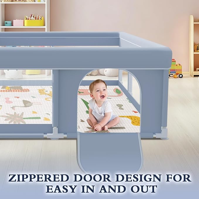 XVISHX 74 x 50 Inch Baby Playpen with Mat, Playpen for Babies and Toddlers, Baby Playard for Indoor & Outdoor Active Center Game Fence, with Skin-Friendly Fabric and Soft Breathable Mesh, Grey