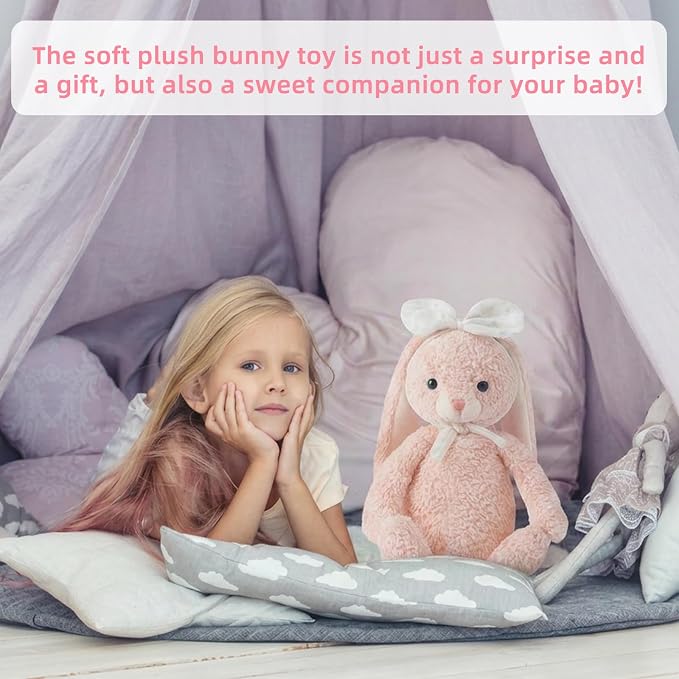 Bunny Stuffed Animal Soft Rabbit Cuddly Toy 10'' Long - Eared Plush Bunny with White Bow Headband Plush Toys for Babies and Toddlers