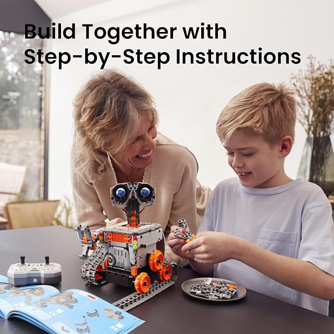 Sillbird Robot Building Kit with Remote Control STEM Gifts for Kids Boys Age 8-12, Coding Robotics Toy for Birthday - Buildable 5in1 Models with 488 Pieces - Orange