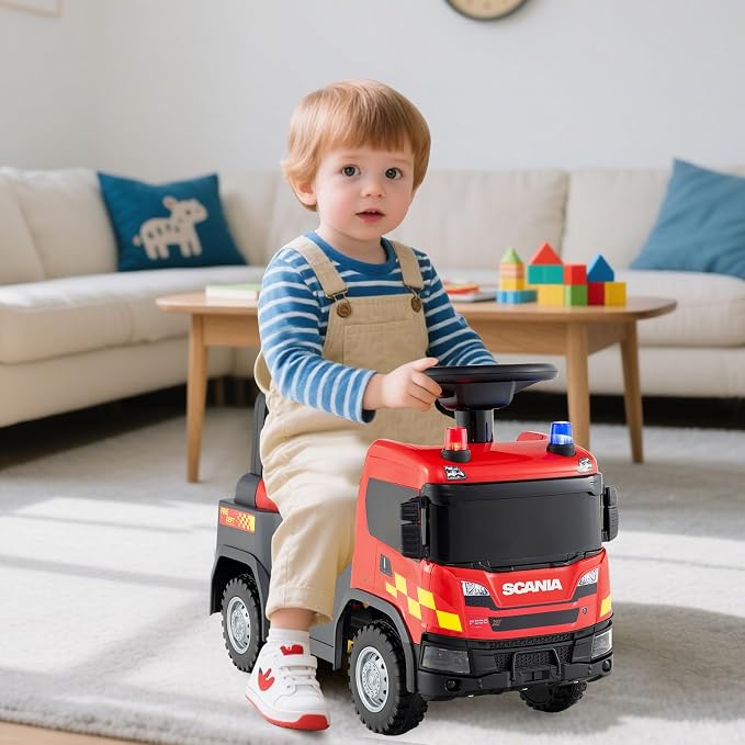 Costzon Ride On Push Car, Licensed Scania Fire Truck for Toddlers with Sirens, Horn, Music, Lights, Under Seat Storage, Foot-to-Floor Sliding Car, Kids Ride On Toys for Boys Girls 18+ Months