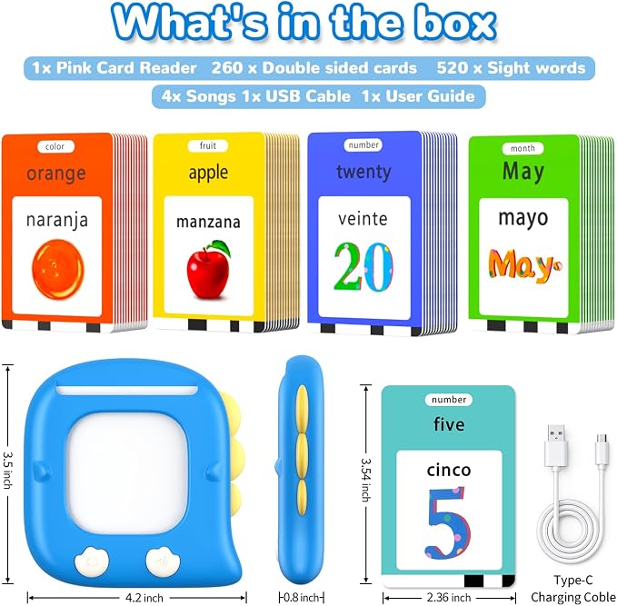 Kidzdo 520 Words Talking Flash Cards, Christmas Birthday Gifts for 2 3 4 5 6 Year Old Boys, Early Education Learning Toys, Autism Sensory Toys for Autistic Kids, Blue
