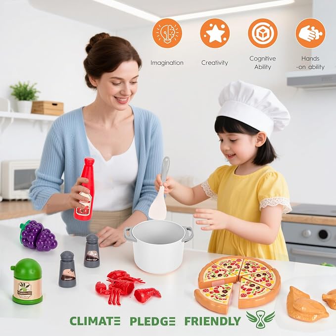 80Pcs Kitchen Playset, Toddler Pretend Cooking with Pots, Pans, Cookware, Food, Picnic Blanket, Fruits, Veges, Shopping Storage Basket, Dessert , Learning Gift for Girls Boys (White)
