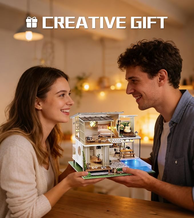 Spilay DIY Miniature House Kit for Adults, Miniature Dollhouse Building Kit | With Warm Light, Music Box & Dust Cover, Creative DIY Craft for Bookshelf Decor, Room Decoration & Gift Giving