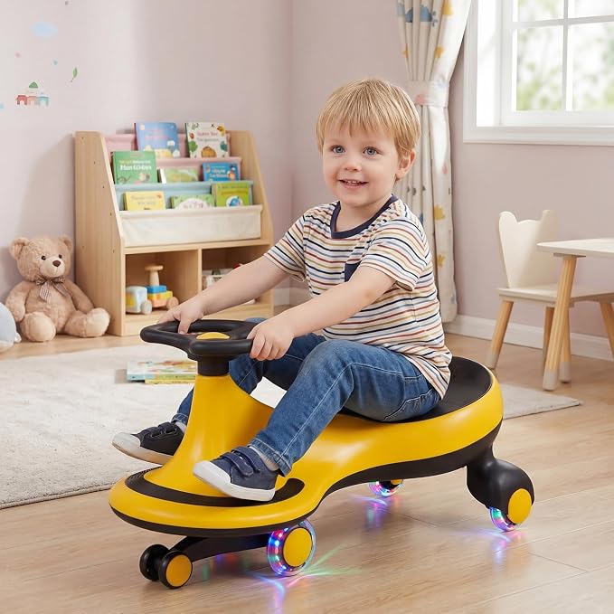 BABY JOY Wiggle Car for Kids, Swing Car with LED Flashing Wheels, No Batteries, Gears or Pedals, Uses Twist, Turn, Wiggle Movement to Steer, Ride-on Toy for Boys Girls 3 Year Old and Up (Yellow)