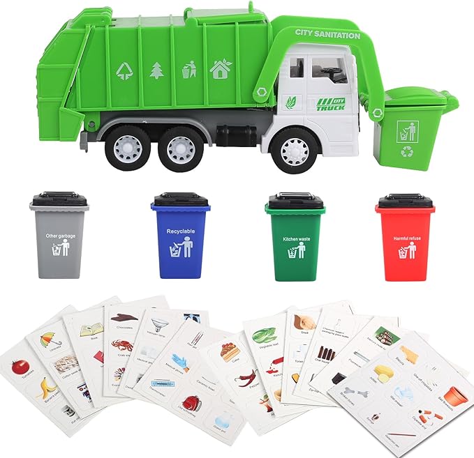 FIVEDAOGANG Small Friction Powered Garbage Truck Toys Set, Includes Front Load Dumpster, 4 Trash Bins and Trash Learning Cards for Kids
