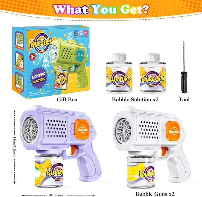 Panamalar 2 Packs Bubble Guns for Kids, Automatic Bubble Machine Gun 10000+ Bubbles/Min, 10 Holes Bubble Maker Toys with Solution/Light for Boys Girls Outdoor Wedding Party, Purple+White