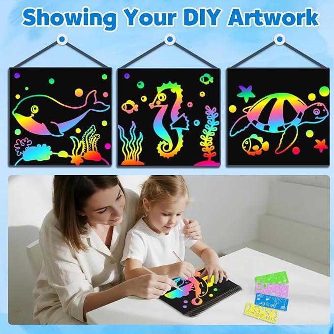 ZMLM Scratch Paper Art Craft: 2 Pack Rainbow Scratch Set for 3 4 5 6 7 8 9 10 Years Old Girls Boys Students Drawing Coloring Black Magic Art Supplies Kits Gifts School Birthday Party Toys (Ocean)