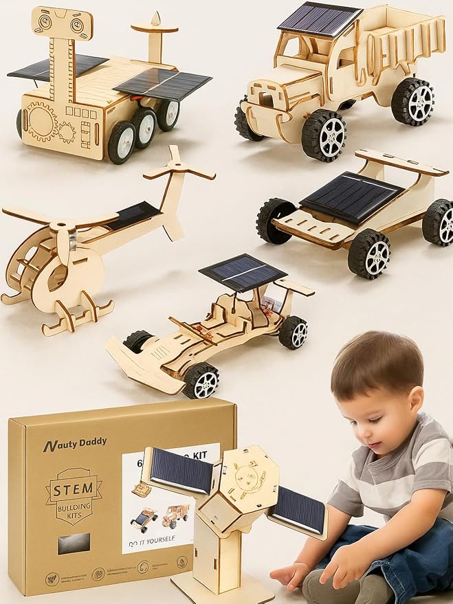 6-in-1 Solar STEM Building Kit, Wooden DIY Construction Set with Satellite, Helicopter, Cars, Educational Science Toy for Kids Ages 6-14 Years (20)