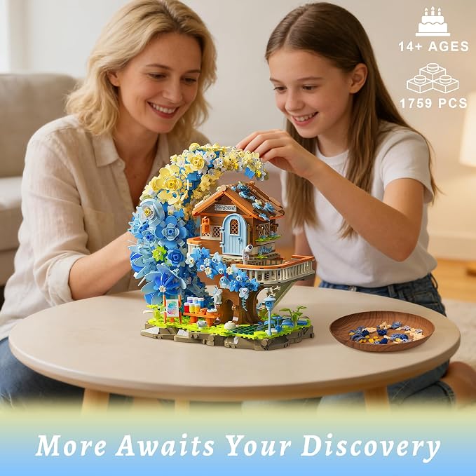 Blue Moon Flower House Building Set with Light, Botanical Collection Flowers Treehouse Builidng Block Kit, Compatible with Lego for Adults Home Décor (1750PCS)