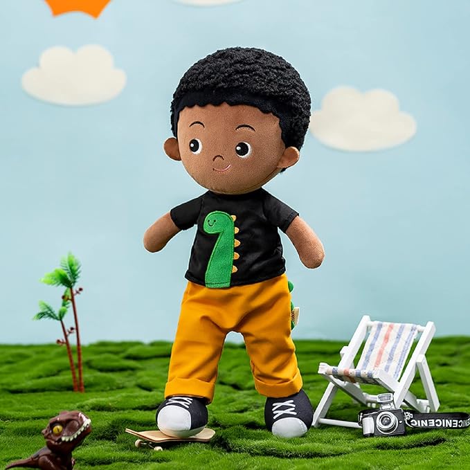 OUOZZZ 12.6" Black Boy Baby Doll - Toys for 1 Year Old Gifts African American Doll Birthday Gifts for 1 Year Old Boy Plush Toys Gift for Toddler Kids Dinosaur