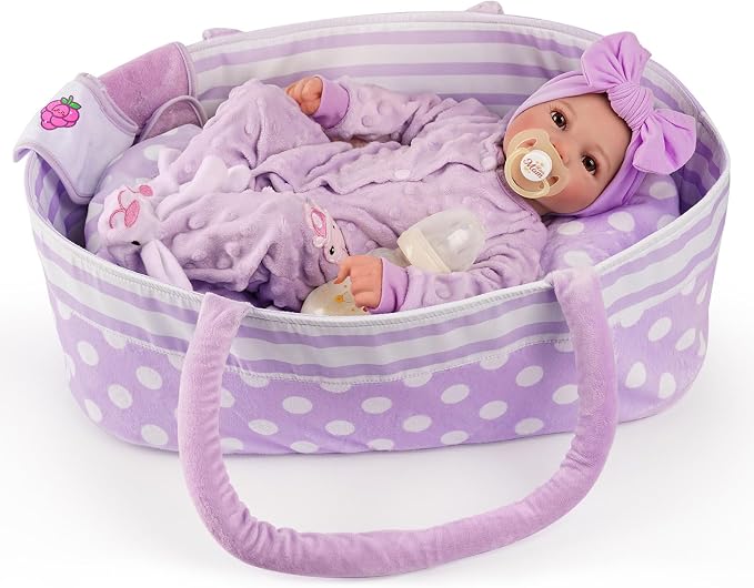 BABESIDE Lifelike Reborn Baby Dolls with Bassinet, 17 Inch Soft Body Realistic Newborn Real Life Girl Baby Dolls Soft Vinyl and Cloth Body with Basket & Feeding Kit Gift Box for Kids Age 3+