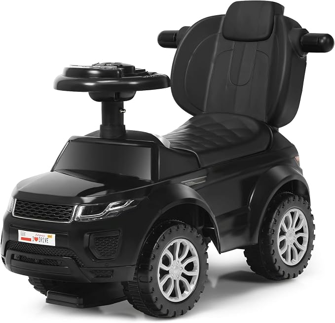 Costzon 3 in 1 Ride on Push Car, Stroller Sliding Walking Car with Horn, Music, Light, Under Seat Storage, Parental Handle, Armrest Guardrails, Ride on Toy for Boys & Girls (Black)