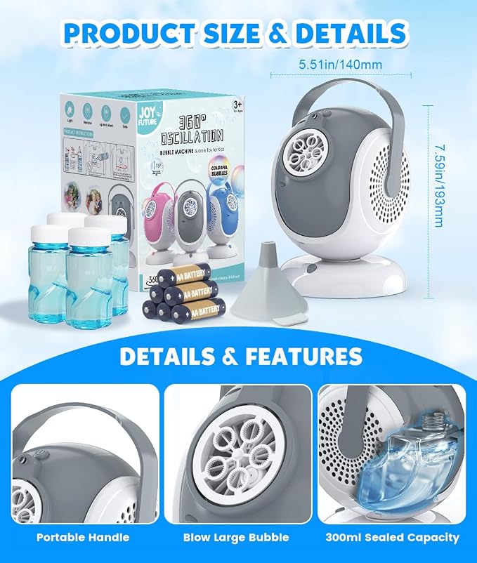 Joyfuture Bubble Machine - Automatic Bubbles Blower for Kids, Toddlers - 360° Rotation & 75° Adjustment, Bubble Toys with LED Light - Gifts for Boys, Girls, Halloween, Outdoor, Birthday, Party