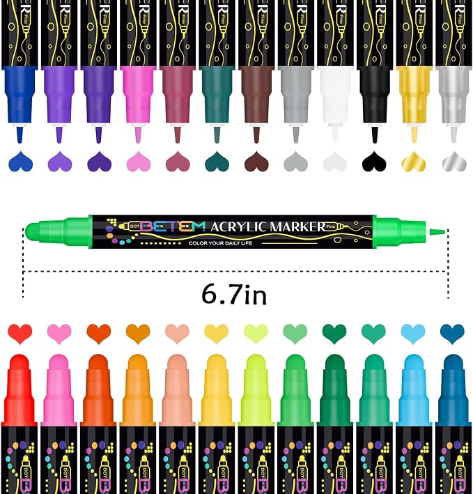 Betem 24 Colors Dual Tip Acrylic Paint Markers, Fabric Decorating Kits Premium Water-Based Acrylic Paint Pens Art Supplies for Fabric, Rock, Wood, Glass, Canvas, Ceramic, Teacher Appreciation Gift