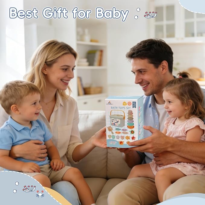 Baby Bath Toys, 21PCS | Easy Clean & Mold Free Bath Toys for Babies 6-12 Months | Educational Shape-Sorting Lid & Baby Stacking Cups | Tub Water Pool Beach Toy for Baby Gift with Portable Storage Bin